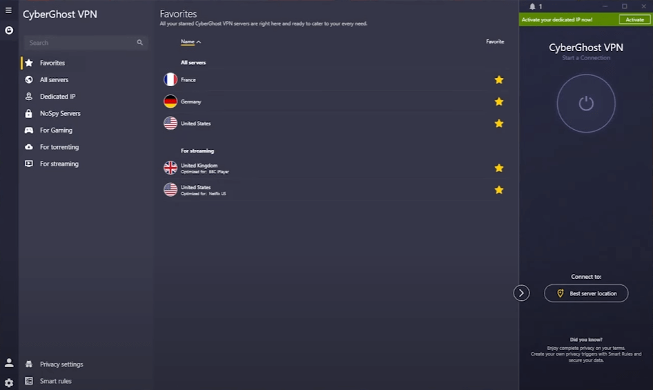스트리밍 최적화 서버를 표시한 CyberGhost 앱