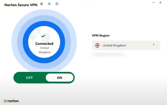 위치 선택기가 표시된 Norton Secure VPN 앱