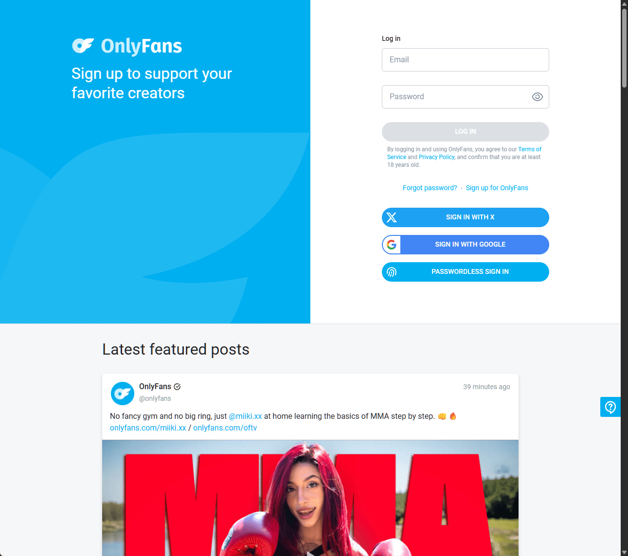 Page d'accueil d'OnlyFans