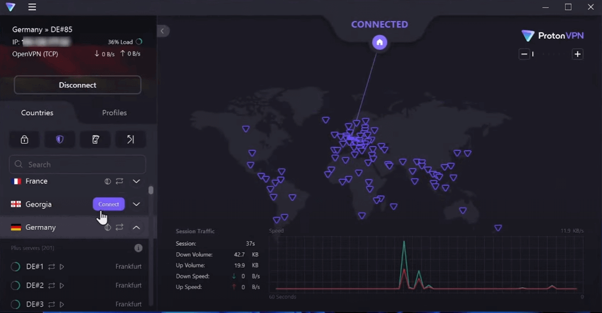 Secure Core 노드를 강조한 Proton VPN 인터페이스