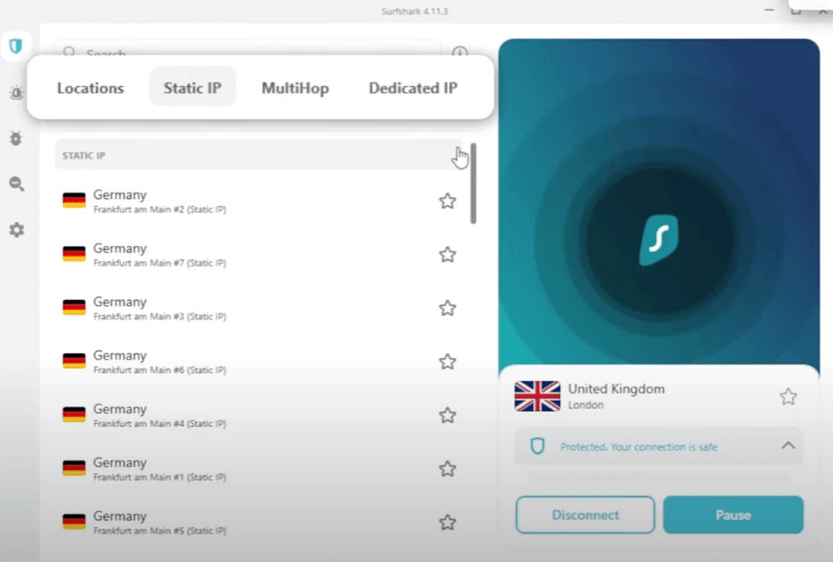 멀티 홉 경로를 표시한 Surfshark VPN 대시보드