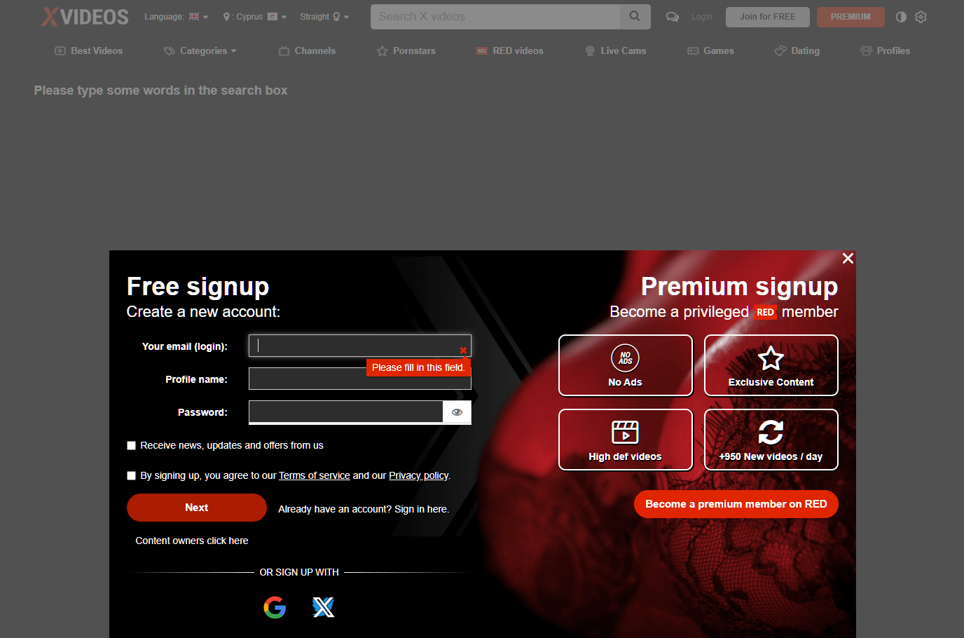 XVideos-Startseite im Kachel-Layout